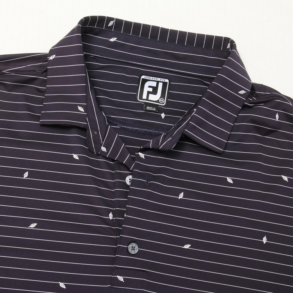 FootJoy Polo Shirt Mens 2XL Blue Stripe Leaf Print Golf Athletic Fit Stretch